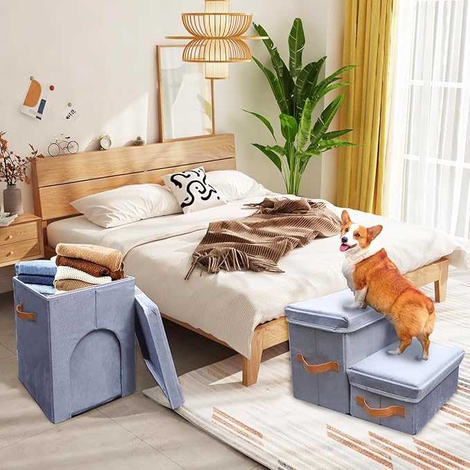 17" H Dog Stairs for High Beds Up to 25" H - Pet Steps for Small Medium or Large Dogs, Foldable Cat Stairs for Old Cats with Storage & Condo, 3-Step Pet Stairs for Couch & Window Sill