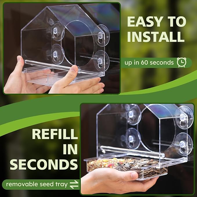 Window Bird Feeder with 4 Extra Strong Suction Cups,Clear Birdhouse Window for Outdoors, Transparent Birdfeeder for Viewing Wild Bird Outside, Birds Watching Gift for Elderly,Kids, and Garden Decor