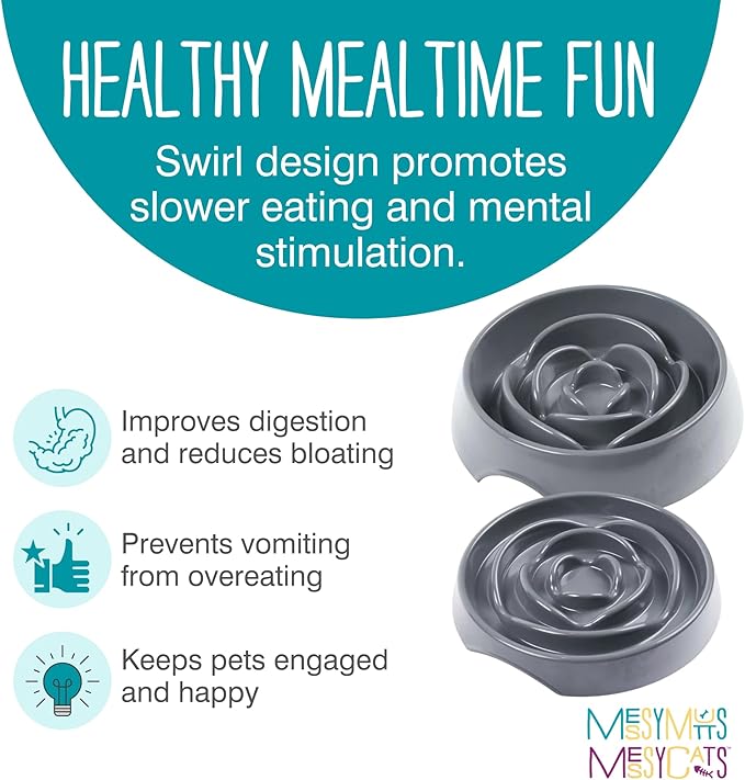 Messy Mutts Interactive Slow Feeder | Puzzle Slow Feeder Dog or Cat Bowl | Enrichment Food Dish to Slow Eating, Prevent Bloating | 8” x 1.3” | 1.75 Cup | Cool Grey