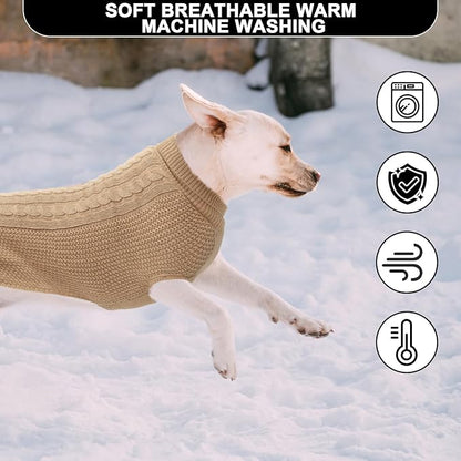 XXL Dog Sweater, Classic Cable Knit Warm Dog Sweatshirt with Reflective Yarn for Girl Boy, Halloween Fall Winter Coat Turtleneck Pullover Clothes Apparel for Small Medium Large Dogs, Khaki XXL
