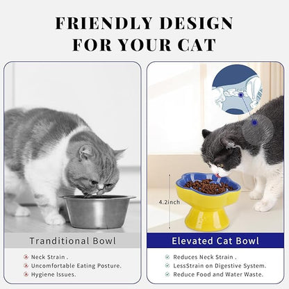 S&Q's CERAMICS Raised Slow Feeder Cat Bowl, Ceramic Elevated and Titled Pet Food Bowl, Small Dogs Slow Feeder, Flower Shaped Dish for Dry and Wet Food (Blue, 5.8")