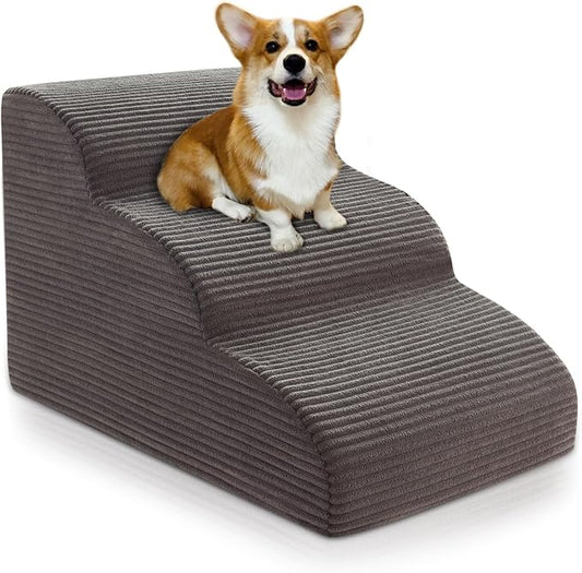 Curved Dog Stairs Ramp for Beds Couches and Chair, 15.7" H, 3-Step Dog Steps for Small Dogs, Pet Stairs for Cats with Non-Slip, Removable and Washable Cover,Balanced Pet Steps Indoor, Deep Grey