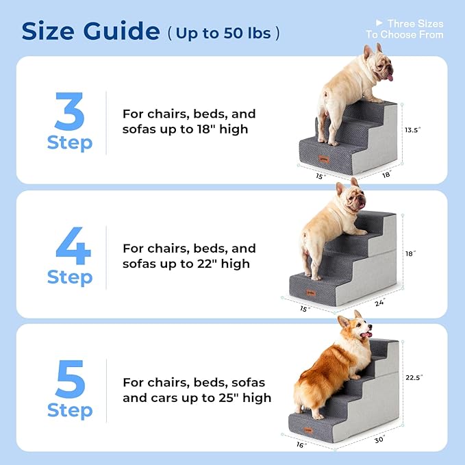 Dog Stairs for Small Dogs - Pet Stairs 2 in 1 with Zippers Suitable for Couch and Bed, 35D Foam Dog Steps with Non Slip Bottom Grey 4 Steps, Grey