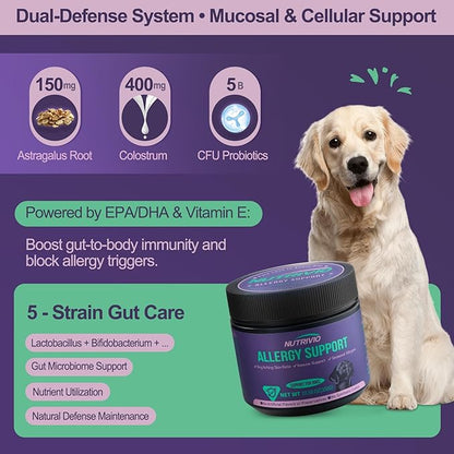 Dog Allergy Chews, Allergy Relief for Dogs Itching Skin, Treatment for Ears Paws Licking, Skin and Coat Supplement, Probiotics, Omega-3, Dog Anti Itch Chews 300g/10.58oz