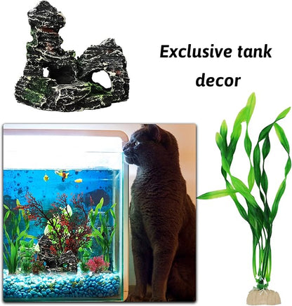 PietyPet Fish Tank Decorations Plants with Resin Cave Rock View, 9pcs Aquarium Decorations Plants Plastic,Fish Tank Accessories, Fish Cave and Hideout Ornaments, Aquarium Decor