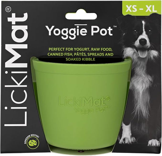 LICKIMAT Yoggie Pot – Distraction, Fun and Enrichment. Long Lasting Rubber Licking Treat Dispenser for All Dog Sizes and Slow Feeder for Small Dogs - Green