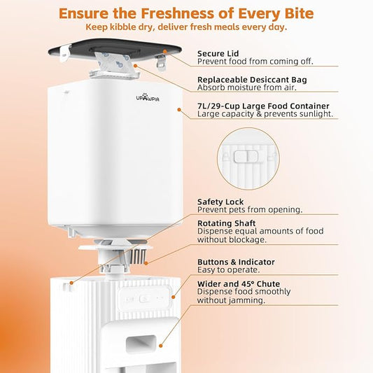 Automatic Cat Feeder 7L/29Cup Automatic Dog Feeder 5G/2.4G WiFi Programmable Cat Food Dispenser APP Remote Feed 15 Meal 50 Portion Dog Food Dispenser 10s Voice Record with Desiccant Bag