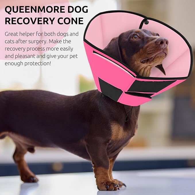 Queenmore Dog Cones for Large Dogs, Soft Dog Cone for Large Breeds, Cone for Dogs After Surgery, Adjustable Elizabethan Collar for Pet to Prevent Licking Wounds, Pink L