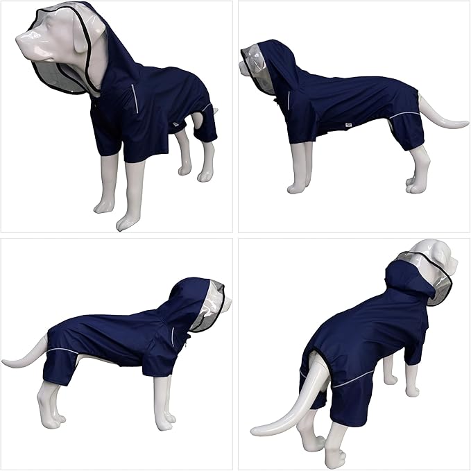 Four-Legged Full Coverage Waterproof Dog Raincoat with Reflective Features Pet Raincoats for Large Medium Small Dogs Navy Blue XL
