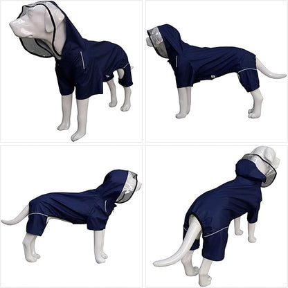 Four-Legged Full Coverage Waterproof Dog Raincoat with Reflective Features Pet Raincoats for Large Medium Small Dogs Navy Blue S