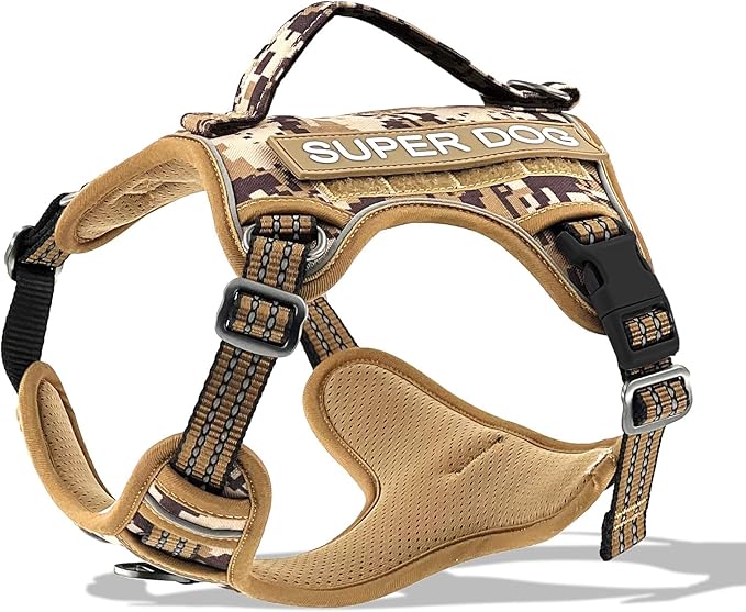 Tactical Dog Harness, No Pull Adjustable Harnesses for Small Medium Large Dogs with Handle & Molle, Camouflage Reflective Dog Vest Harness Brown