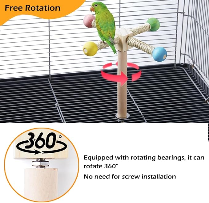 Bird Stand Perch Toy, Interactive Spinning Parakeet Toys, Wooden Exercise Wheel Parrot Toy, Enrichment Cockatiel Toy for Birds Cage, Bird Cage Accessories Perch Toys for Budgies (S)