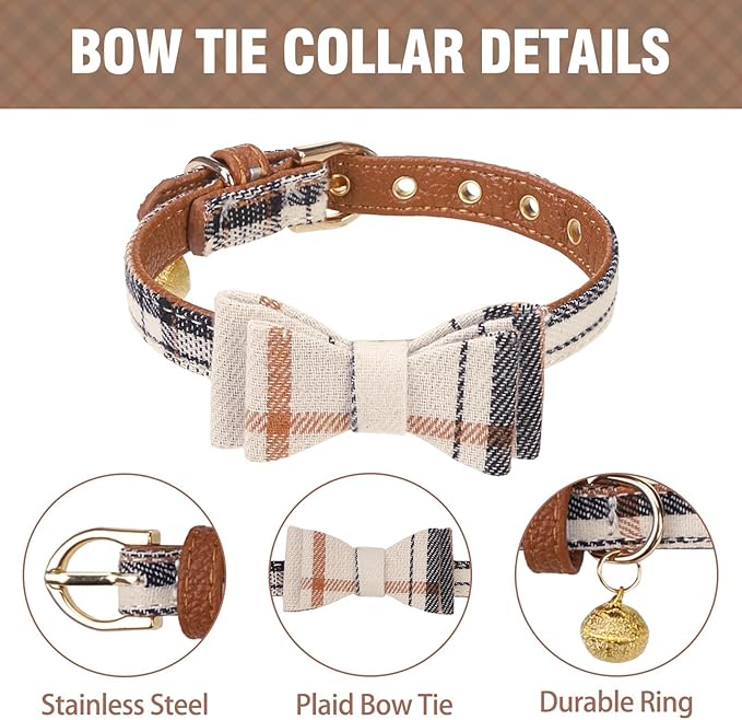KOOLTAIL Small Dog Collar and Leash Set with Bowtie and Bells - Puppy Collar and Leash for Female/Male with Classic Plaid Matching Pattern, Soft Leather Leashes for Small Dogs Boys Girls, Shirt Plaid