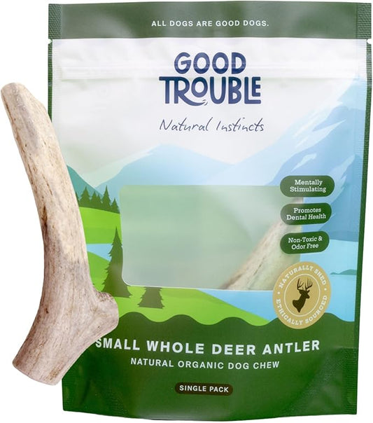 Good Trouble Premium Deer Antlers for Small Dogs – 1 Whole Antler Pets - North American Sourced Deer Antlers for Dental Health & Anxiety Relief - Odor-Free & Non-Toxic Chew Bone for Dogs