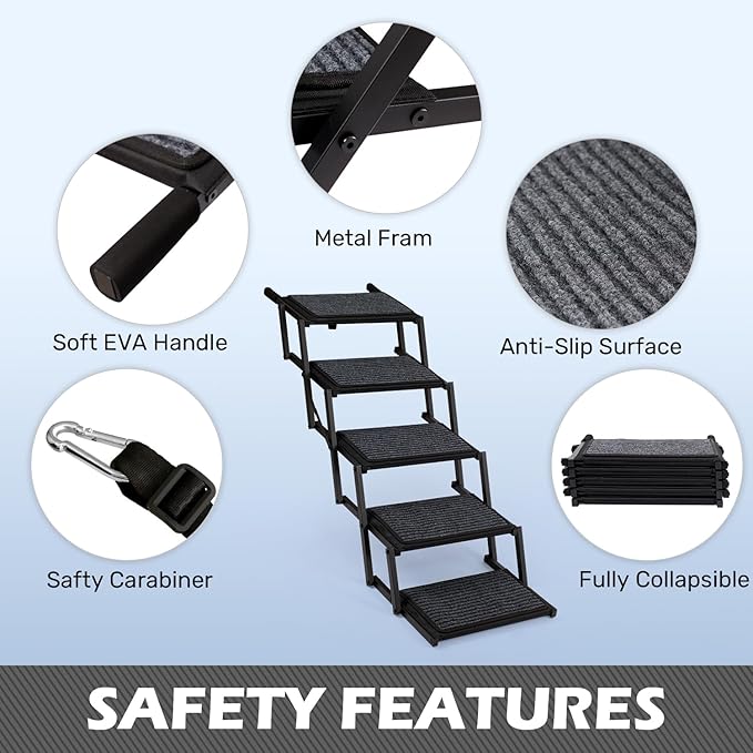 Extra Wide Dog Steps for Car, Truck and SUV - Foldable Pet Stairs for Large Dogs with Non-Slip Rug Surface, Lightweight Dog Ramp Holds Up to 250lbs, 5 Steps