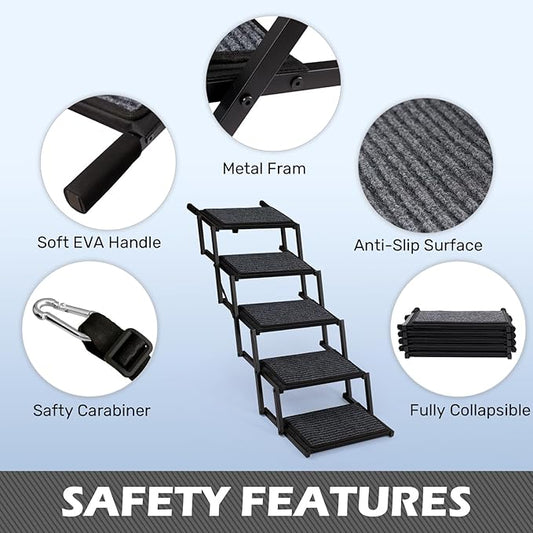 Extra Wide Dog Steps for Car, Truck and SUV - Foldable Pet Stairs for Large Dogs with Non-Slip Rug Surface, Lightweight Dog Ramp Holds Up to 250lbs, 5 Steps
