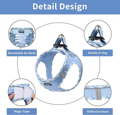 AMTOR Small Dog Harness with Leash Set, No Escape Easy Walk Puppy Harnesses for Training Walking, Step-in Reflective Soft Dogs Vest for XS S Medium Extra-Small Large Sized Dog(XS Size,Blue/White)