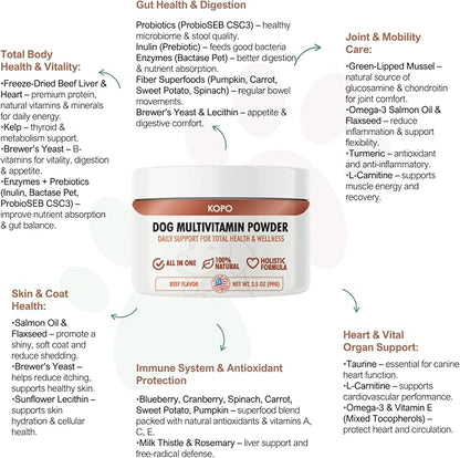 Kopo Dog Multivitamin Powder - All in One Organic Natural Vitamins for Dogs All Breed Sizes - Wellness, Heart, Skin & Coat, Gut Health, Digestion, Immune System, and Hip & Joint Supplement for Dogs