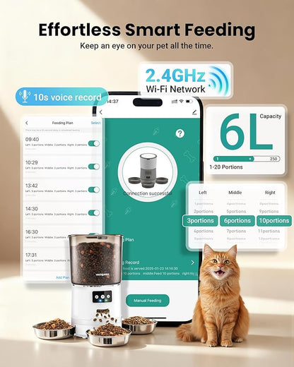 Automatic Cat Feeder for 3 Cats, 6L/25 Cup Cat Food Dispenser with Strong Anti-Jam System, Dual-Effect Desiccant, Smart WiFi App Control Pet Feeder, Automatic Dog Feeder for Cats and Small Dog
