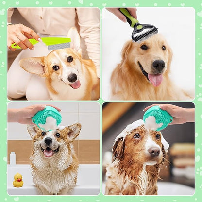 VCZONE 8 Pcs Dog Grooming Kit: Nail Clipper, Flea Comb, Shampoo Brush, Shedding Brush, Dematting Comb, Silicone Toothbrush (Green)