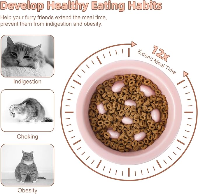 Slow Feeder Cat Bowl, Ceramic Cat Slow Feeder Bowl, Elevated Dog Food Bowl with Metal Stand, Raised Pet Slow Bowls for Dry and Wet Food, 6 Inches, Pink