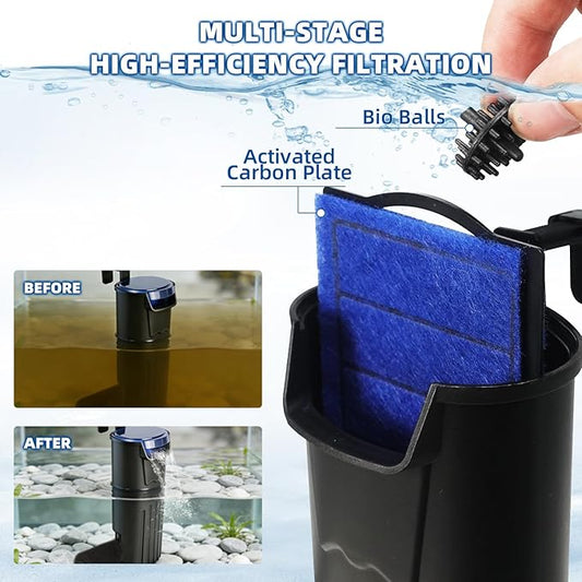 Turtle Tank Filter Aquarium Internal Filter for 3 to 20 Gallon Fish Tank, Bio-filtration Low Water Level Small Power Canister Filter, Frog Shrimp Newt Betta Water Clean, Hang On Back Waterfall Quiet