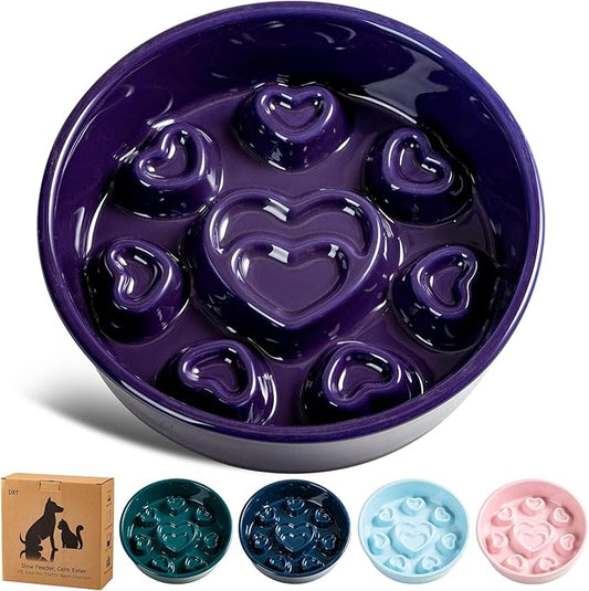 Ceramic Slow Feeder Dog Bowl, 4-Cup Anti-Slip Puzzle Feeder for Medium/Large Dogs, Indoor/Outdoor Pet Bowl for Fast Eaters - Purple（Love）