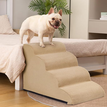 Dog Steps for Bed, 4-Step Dog Stairs Ramp for Small Dogs and Cats, Indoor Non-Slip Pet Stairs Suitable for Older, Short-Legged, and Puppy Dogs to Climb Onto High Beds and Couch, 17.4" H,Khaki