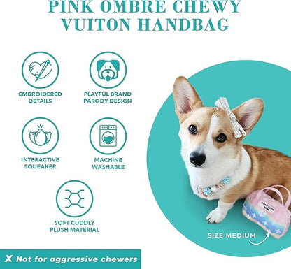 Haute Diggity Dog Pink Ombre Chewy Vuiton Handbag, Plush Designer Dog Toys with Interactive Squeaker, Stimulating Pet Enrichment, Machine-Washable & Safe Materials for All Breeds, Size Small