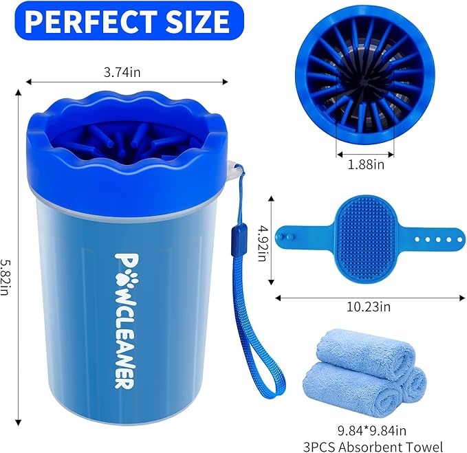 Professional 7 in 1 Dog Paw Cleaner for Dogs - Includes 1 Portable Paw Washer, 1 Bath Brush, 2 Dog Toothbrushes and 3 Absorbent Towels Note: Fits Paws 1.5 to 2.5 Inches Wide (Medium, Navy Blue)