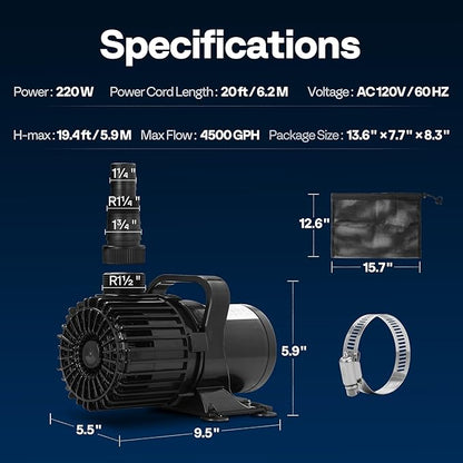 VIVOHOME 220W 4500GPH Submersible Water Pump with 180° Seamless Adjustable Nozzle and Barrier Bag for Koi Pond Waterfall Fountains Fish Tank