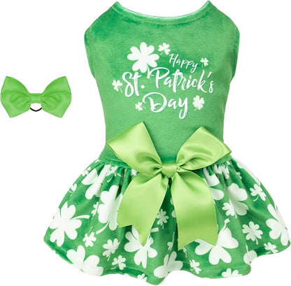 CuteBone St.Patrick's Day Dog Green Dress Velvet for Small Dogs Girl Puppy Dresses Clover Dog Clothes CVA14L-D