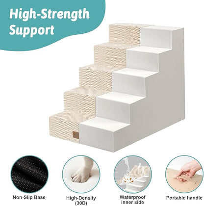 Dog Stairs for Small Dogs, 5 Tier Wider Pet Stairs for High Beds, 23.6" H Non-Slip Dog Steps for Old Cats, Puppies, Small Medium Dogs, 19.7x29.5x23.6 inch, Beige
