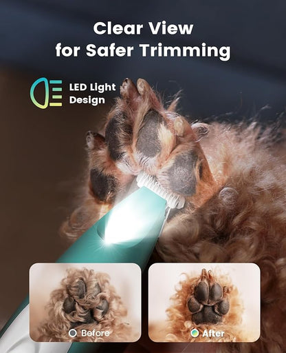 oneisall Low Noise Dog Paw Trimmer with LED Light, Paw Trimmer for Dogs 0.8inch/20mm Widen Blade, 35dB Cordless Electric Pet Paw Grooming Clippers for Paws, Ears, Face, Rump (Green)
