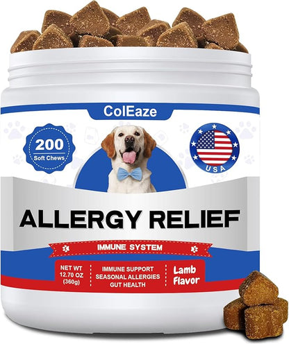 Dog Allergy Chews 200PCS Allergy and Immune Chews for Dogs Anti Itch Immune Treats Skin & Coat Supplement with Probiotics Itchy Skin Relief Treatment Pills for Skin Itchy Licking Seasonal Allergies