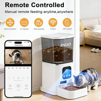 PGID Automatic Cat Feeder with 400W Camera,2.4G Auto Dog Feeder w Night Vision,Pet Feeder w2-Way Audio,Timed Cat Feeders for Dry Food,Dogs Food Dispenser w APP Control 5L