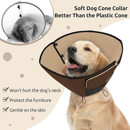 Queenmore Dog Cones for Large Dogs, Soft Dog Cone for Large Breeds, Cone for Dogs After Surgery, Adjustable Elizabethan Collar for Pet to Prevent Licking Wounds, Brown L