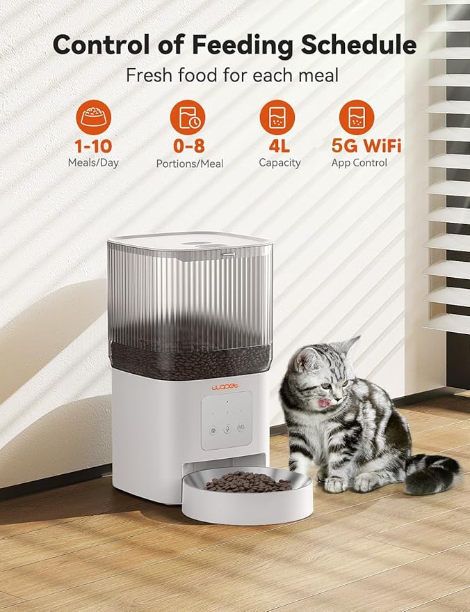 WOPET Automatic Cat Feeder, 5G WiFi Automatic Dog Feeder with APP Control for Remote Feeding, Cat Food Dispenser with Low Food Sensor and Voice Recorder,Up to 10 Meals Per Day for Cats and Dogs