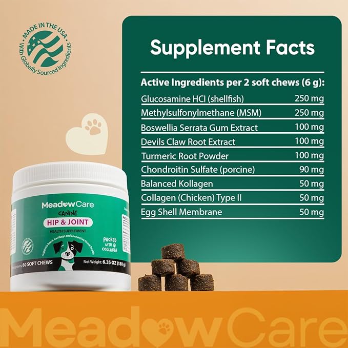 Hip and Joint Supplement for Dogs | MSM, Chondroitin & Glucosamine for Dogs | Supports Bone, Cartilage & Connective Tissue Health | Dog Joint Supplement | 60 Soft Chews180 g (6.35 oz) | MeadowCare