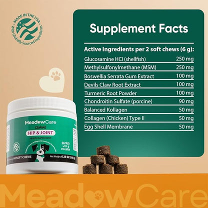 Hip and Joint Supplement for Dogs | MSM, Chondroitin & Glucosamine for Dogs | Supports Bone, Cartilage & Connective Tissue Health | Dog Joint Supplement | 60 Soft Chews180 g (6.35 oz) | MeadowCare