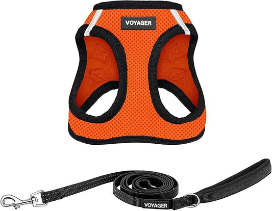 Voyager Step-in Air All Weather Mesh Harness and Reflective Dog 5 ft Leash Combo with Neoprene Handle, for Small, Medium and Large Breed Puppies by Best Pet Supplies - Orange/Black Trim, XX-Small