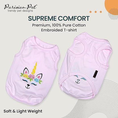 Parisian Pet Dog Tshirt - Embroidered Unicorn Dog Shirt - 100% Cotton, Lightweight Puppy Clothes Female - Sleeveless Pink Dogs Tee Shirts - Shirts for Small Dogs Girl - XS