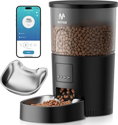 IMIPAW Automatic Cat Feeder, 5G WiFi Food Dispenser with APP Remote Control, Pet Dry Food Smart Feeder, Programmable Timed Feeding, Dual Power Supply, 1-10 Meals, Desiccant Bag, Stainless Steel Bowl