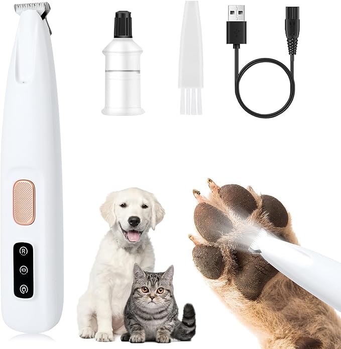 Paw Trimmer, Upgrade Multifunctional Pet Hair Clippers Waterproof Rechargeable Pet Shaver with LED Light, Pet Paw Trimmer for Paws Eyes Ears Face Rump (1PC), White