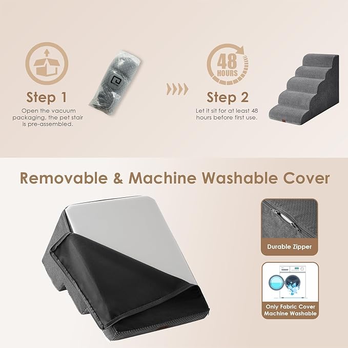 EHEYCIGA Curved Dog Stairs Ramp for High Beds, 5-Step Extra Wide Dog Steps for Small Dogs and Cats, Pet Stairs for High Bed Climbing, Non-Slip Balanced Pet Step Indoor, Grey