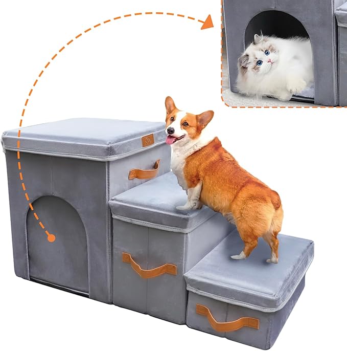 17" H Dog Stairs for High Beds Up to 25" H - Pet Steps for Small Medium or Large Dogs, Foldable Cat Stairs for Old Cats with Storage & Condo, 3-Step Pet Stairs for Couch & Window Sill