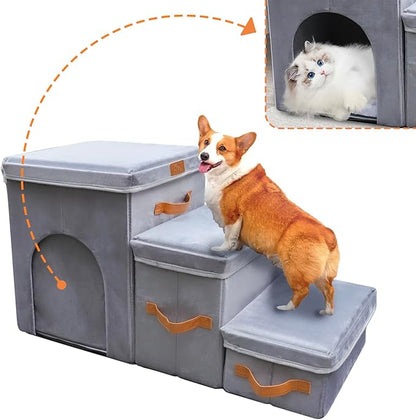 24" H Dog Stairs for High Beds Up to 32" H - Pet Steps for Small Medium or Large Dogs, Foldable Cat Stairs with Storage & Condo, 3-Step Pet Stairs for Couch & Window Sill, Hold Up to 150Lbs