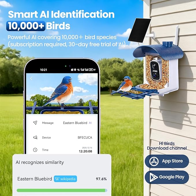 Smart Bird Feeder with Camera Solar Powered : 2K HD Live Video, AI Bi rd Identification ＆ Instant Alerts, 2.4GHz WiFi Solar Camera Bird Feeders for Outdoors - Ideal Gifts for Mom Dad Birdlovers