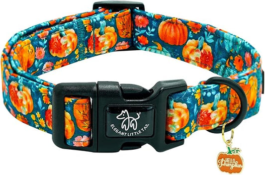 Elegant little tail Halloween Dog Collar, Pumpkin with Flower Print Blue Fall Pet Collars Cotton Soft Sturdy Puppy Collars Holiday Female Adjustable Collar for X-Small Puppy
