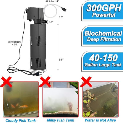 Aquarium Filter for 55-150 Gal. Tank Crystal 300GPH Biochemical Filtration Powerful Pump Submersible Internal Fish Tank Filters Large Tank Pond Clear Wavemaker Air Supply 4 in 1